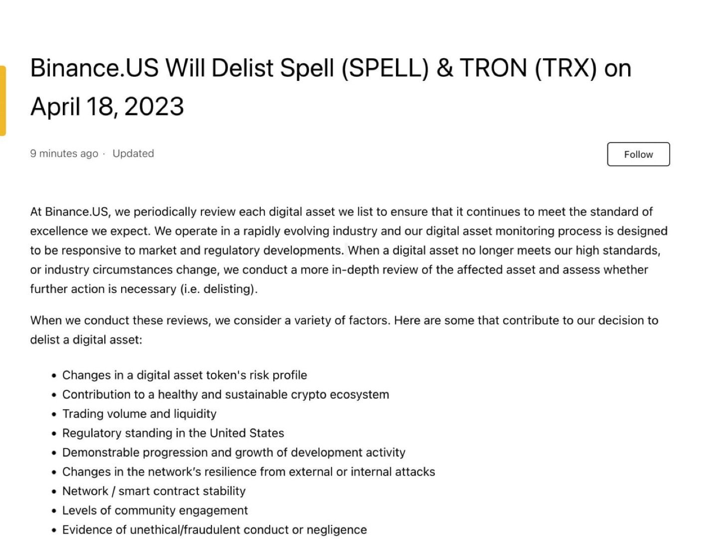 🔠Binance US will delist Spell ($SPELL) & TRON ($TRX) on April 18, 2023