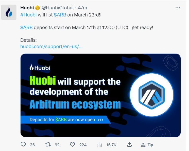 #Huobi will list $ARB on March 23rd!l