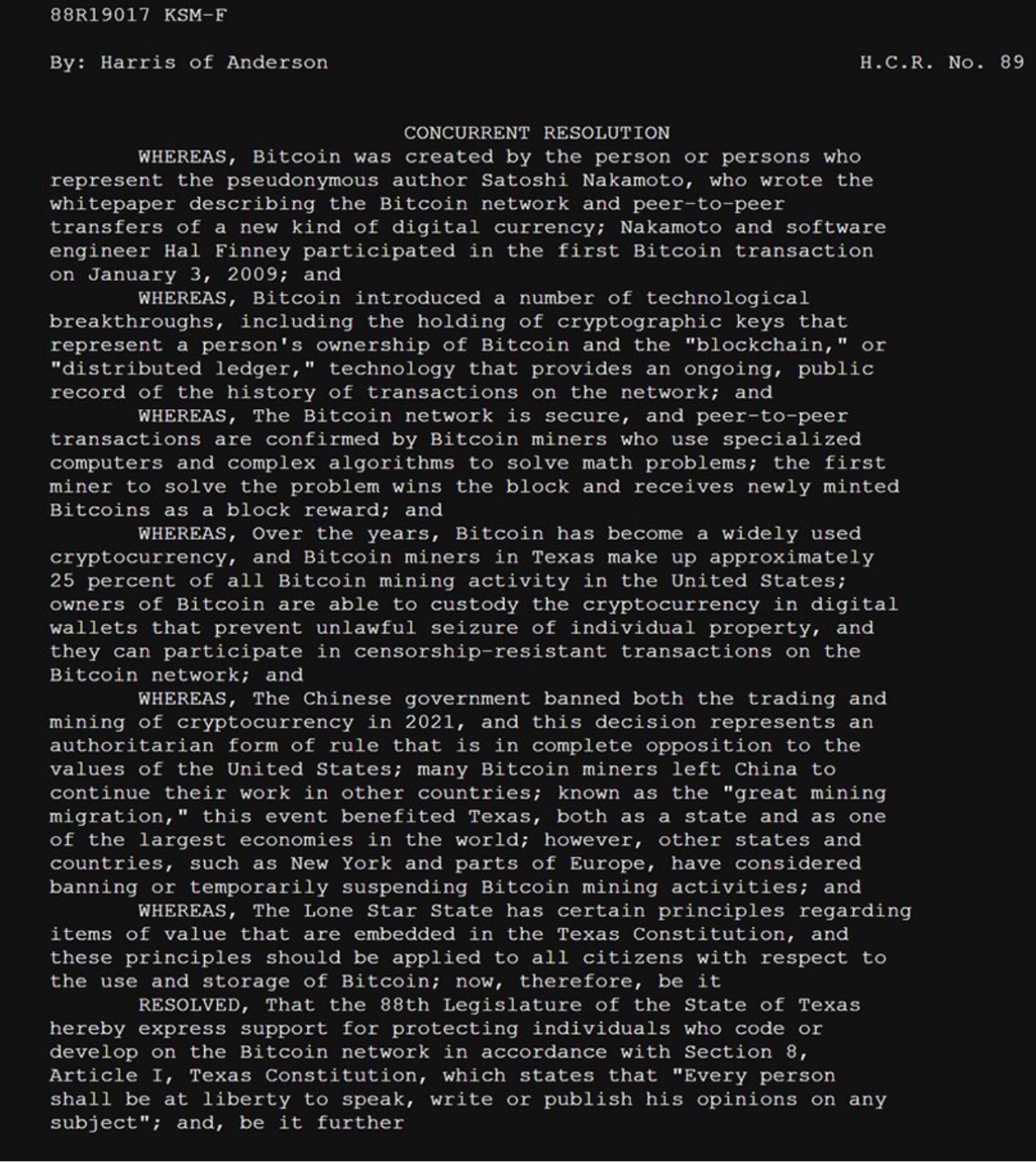 BREAKING: New Texas #bitcoin bill introduced.

"Shall know by this resolution that the Bitcoin econo…