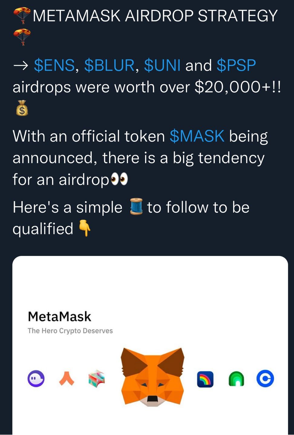 MetaMask will have a free Airdrop Soon 🔜 
You must do this below to qualify…
https://twitter.com/thenftandre/status/1629486087511916545?s=46&t=JBgCiprVjNmNtieU6J6iAw