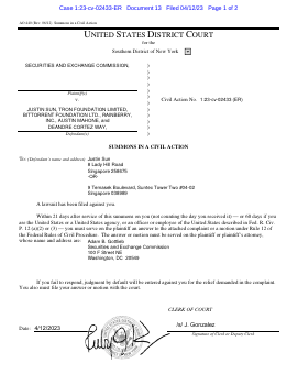 Court documents show Justin Sun has 21 days to respond to the SEC.

If the answer is not given in ti…