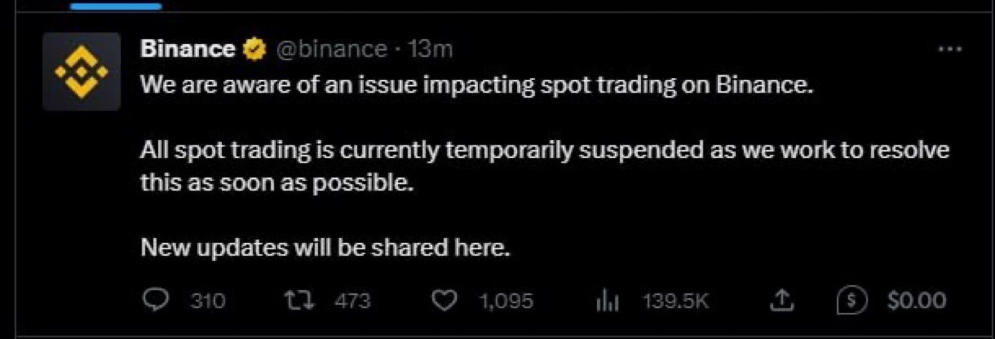 OMG 👀 Binance down

All spot trading paused on Binance.

All spot trading is currently temporarily …