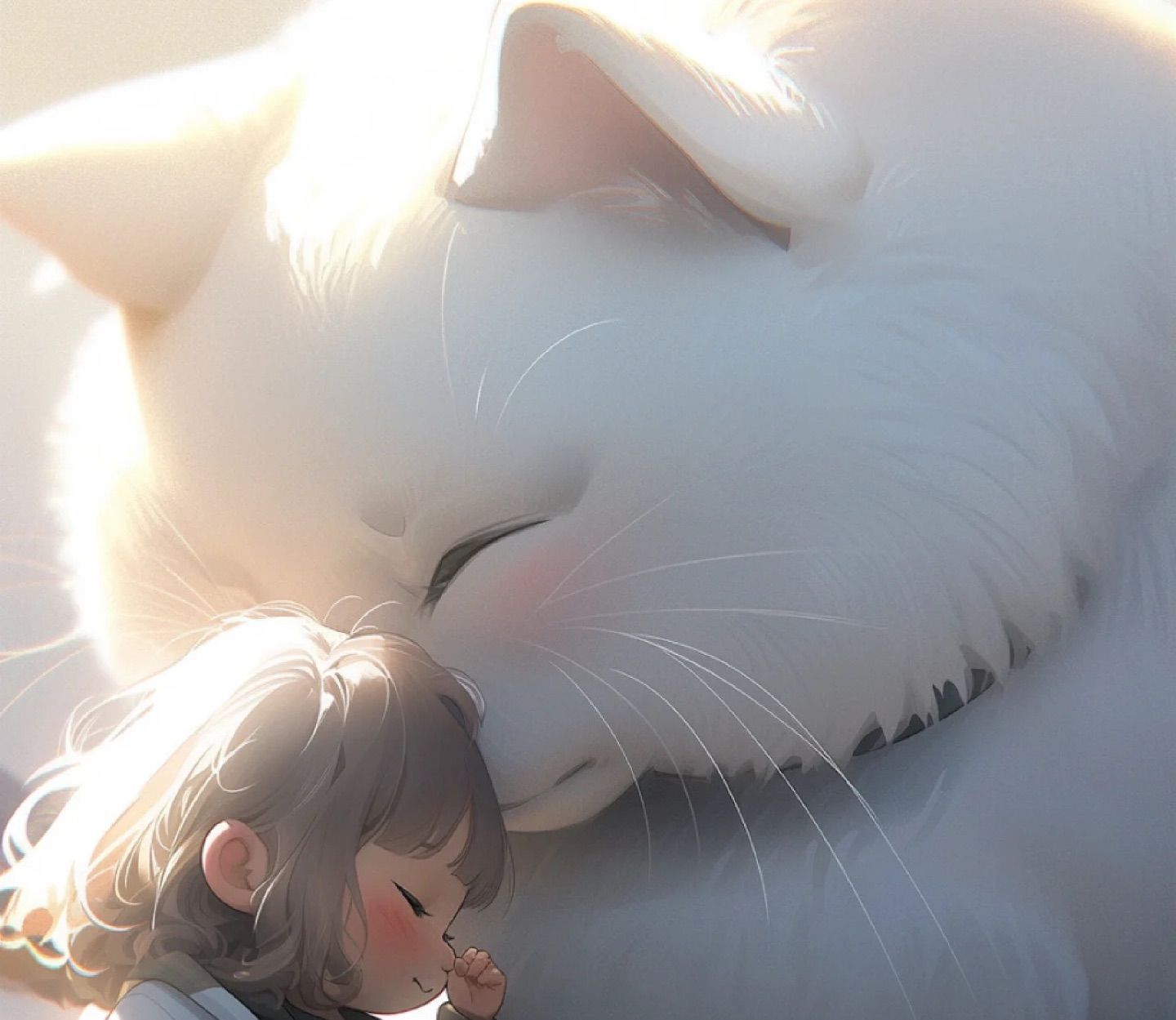 The big white cat and the little girl look so cute together