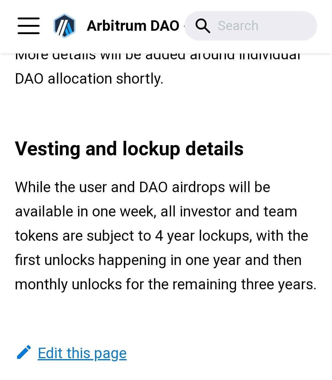 Arbitrum vesting details.