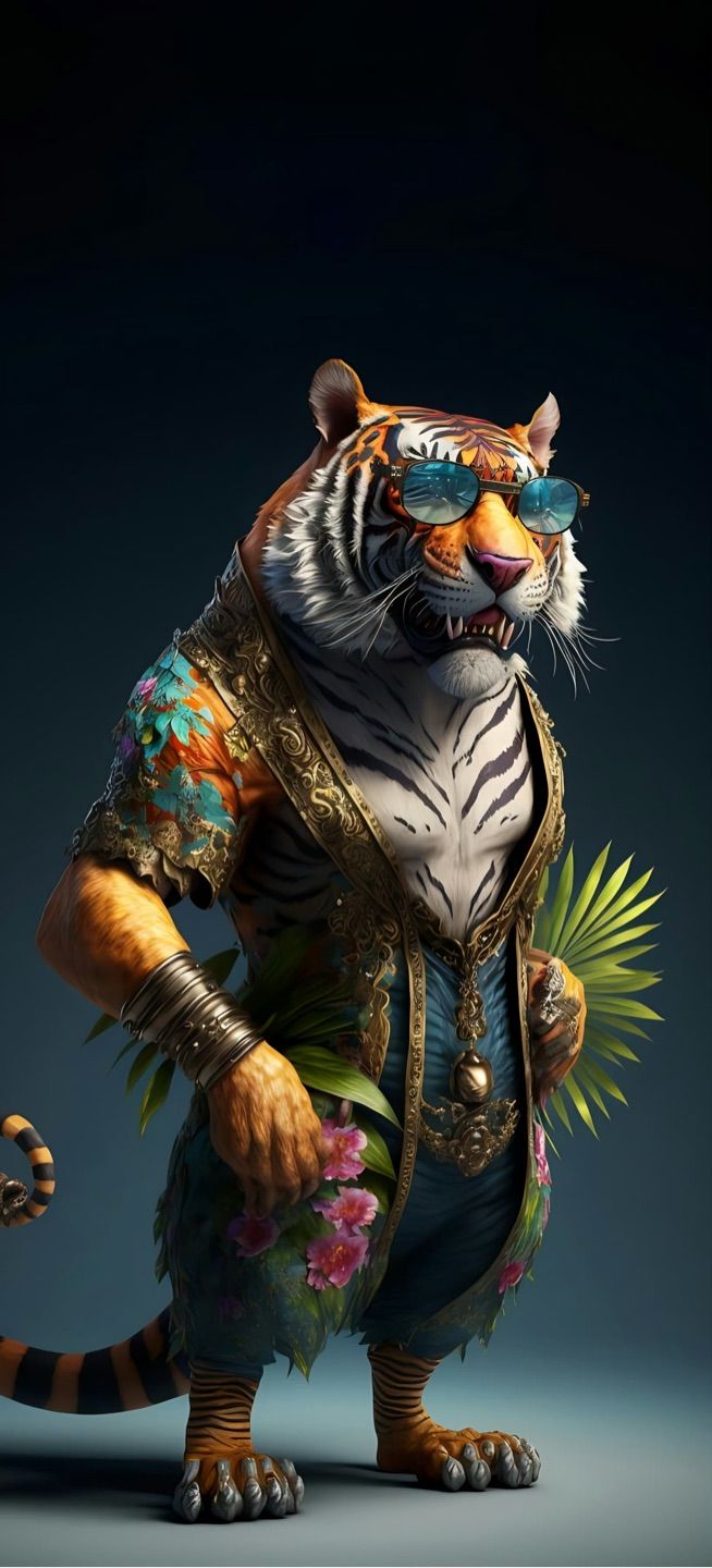 The tiger holds the flowers