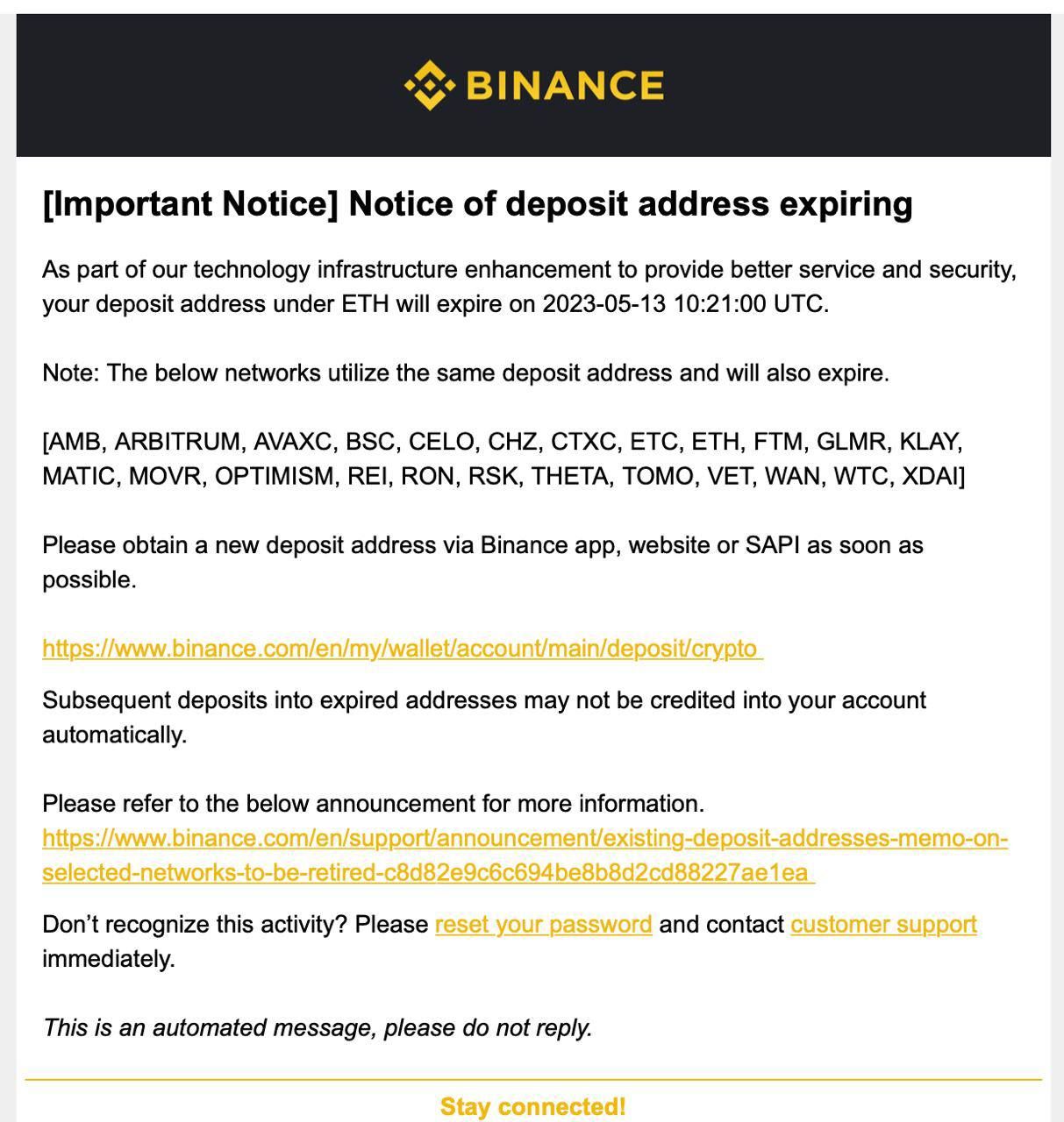 Binance has updated the ETH deposit address for some users.

If you use an old address, assets may b…