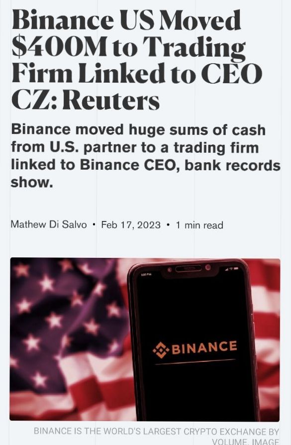 💥NEWS

📌Binance US Moved $400M to Trading Firm 🔥Linked to CEO CZ:

Reuters https://decrypt.co/121555/binance-400m-silvergate-bank-trading-cz