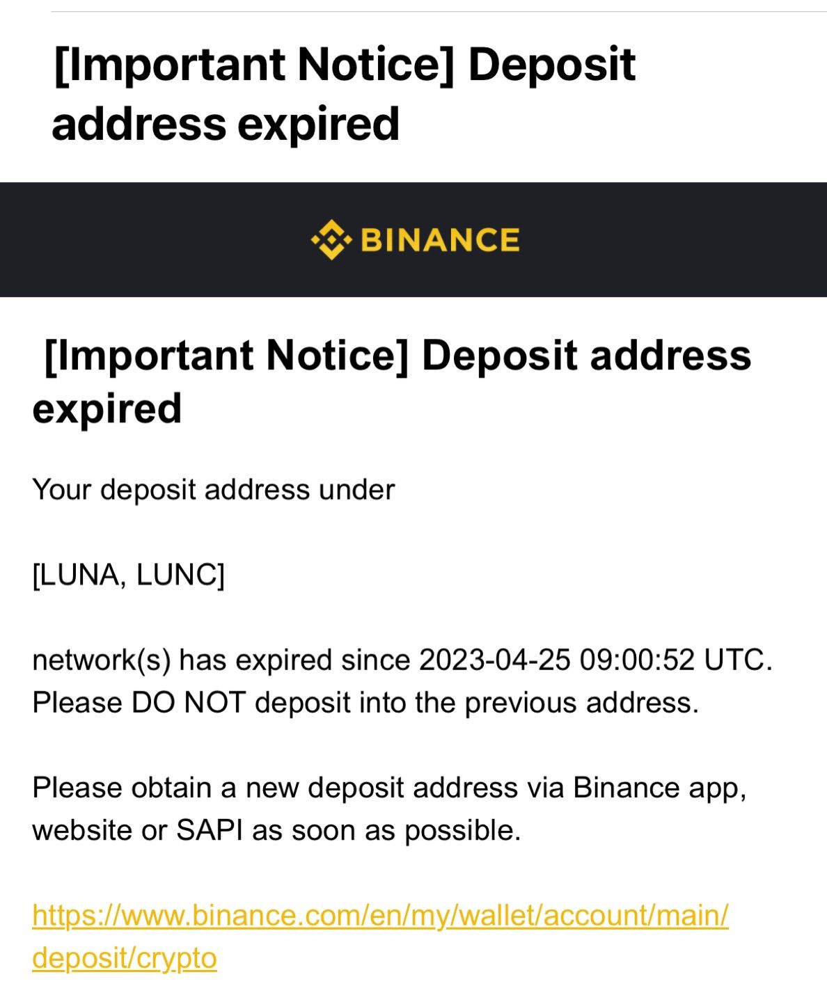 #Binance’den $Luna ve $Lunc cüzdan adrelerimin süresinin dolarak, değiştiğini, bu nedenle artık eski…