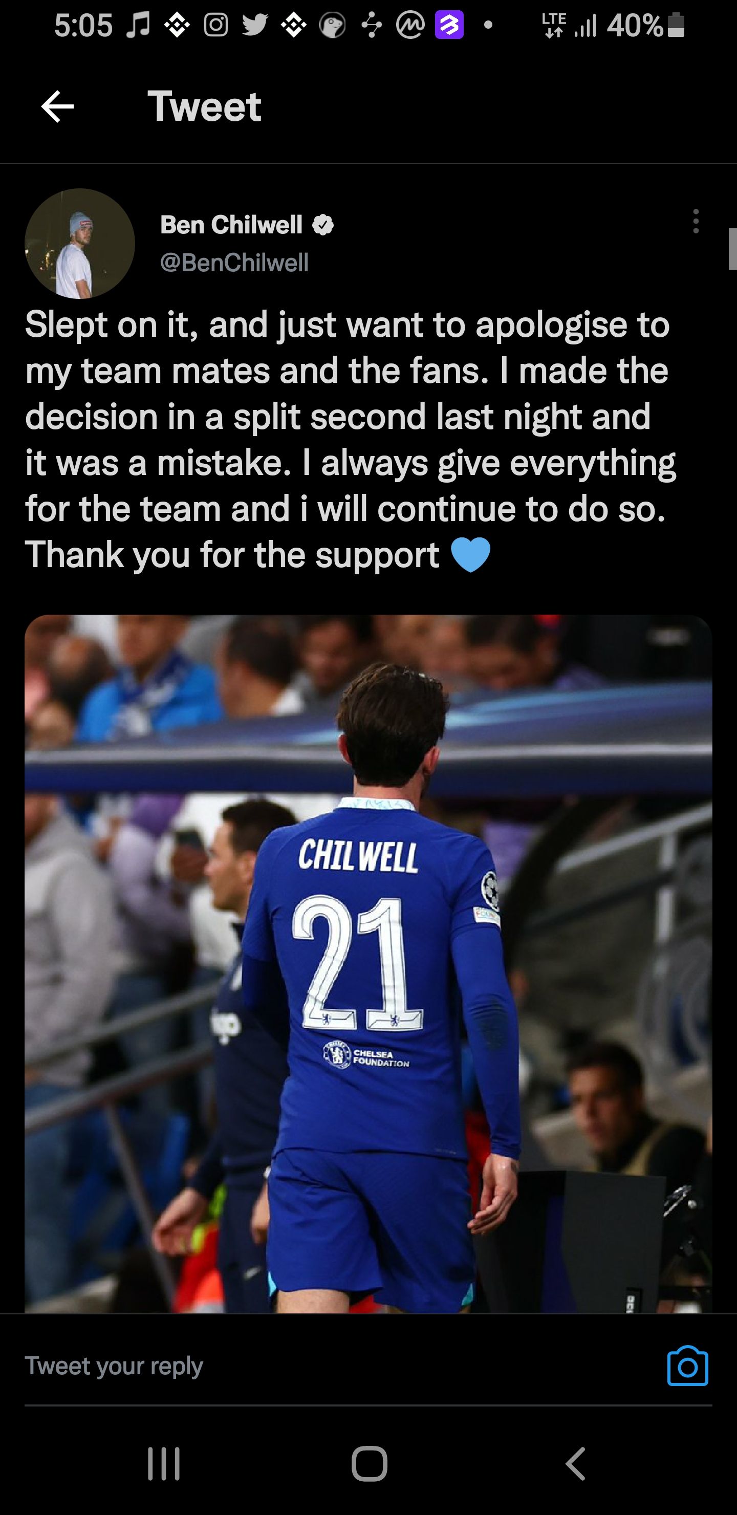 Chiwell apology message