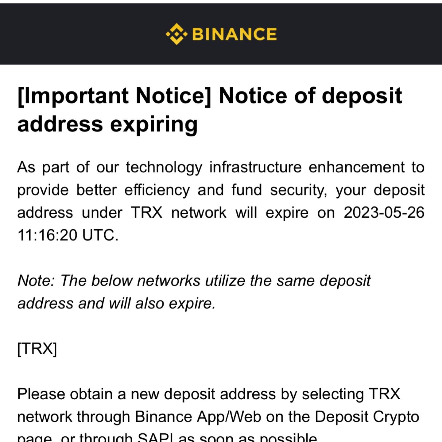 Binance’den TRX cüzdan adresimin süresinin dolarak, değiştiğini, bu nedenle artık eski adreslere gön…