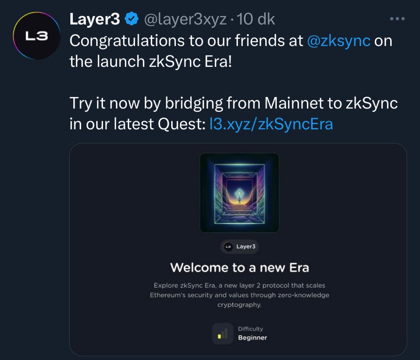 #layer3 started the new quest… here is post 👇👇

Congratulations to our friends at @zksync on the l…