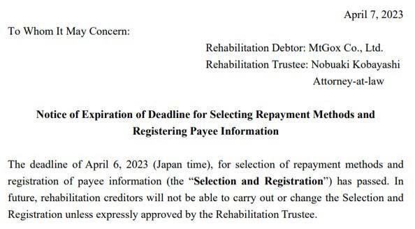 The deadline for selecting repayment options and registering payee information for Mt Gox creditors …