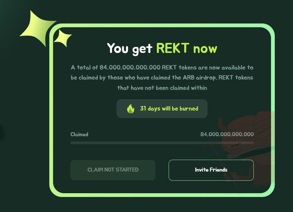 REKT Airdrop For Arbitrum Eligible User
20% Airdrop for ARB Claimers FCFS

➖Claim HERE: https://rektarb.xyz/?ref=0x13fdA985eB532460B1AB5b18B53e8171f2c76f53…