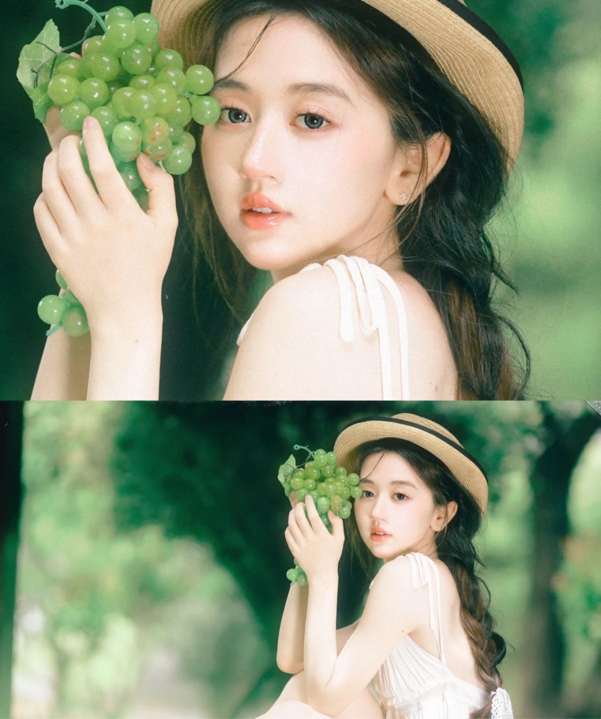 She is holding green grapes