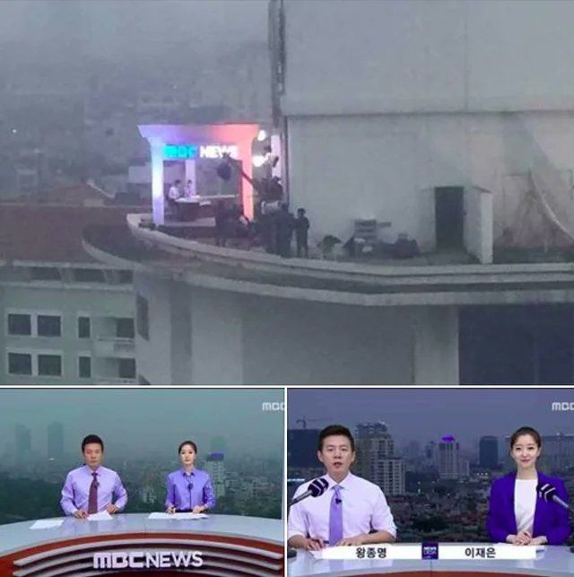 A Korean news program actually filming on the top of the building instead of using a green screen