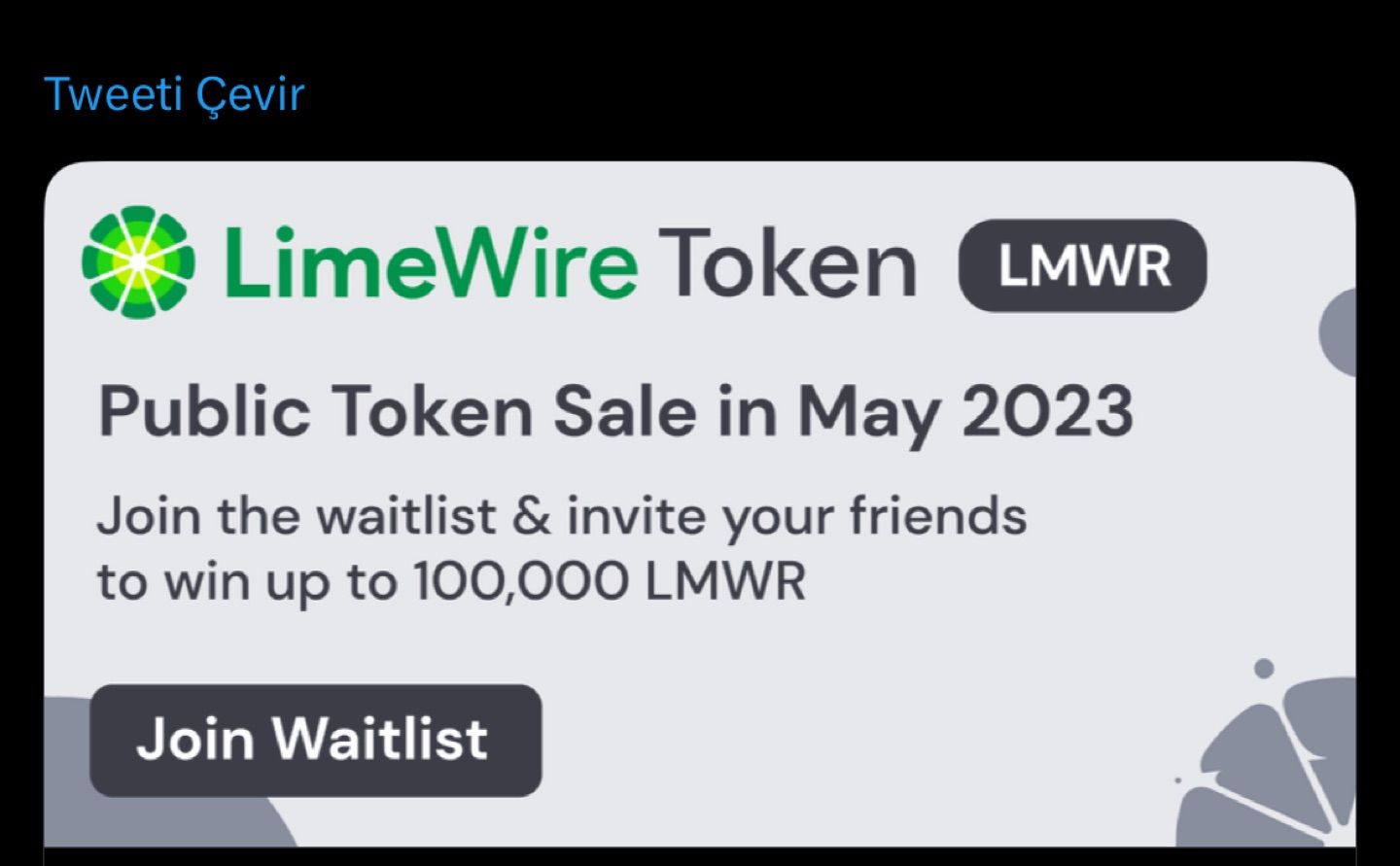 LimeWire Token: Public Sale. Join the waitlist & win up to 100,000 LMWR !
Just write your mail addre…