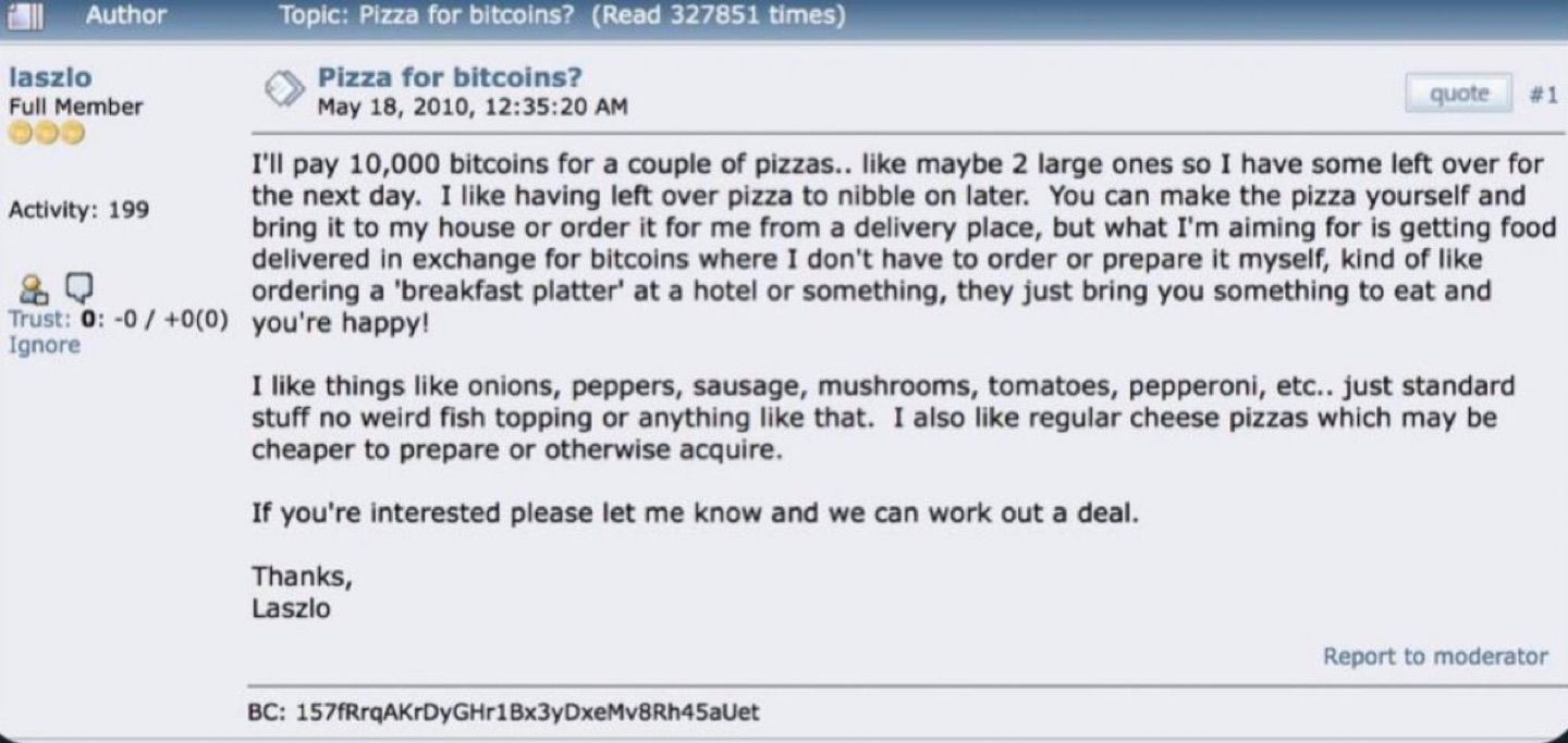 13 years ago tomorrow the first #Bitcoin  purchase was made. Two pizzas were bought for 10k BTC, whi…