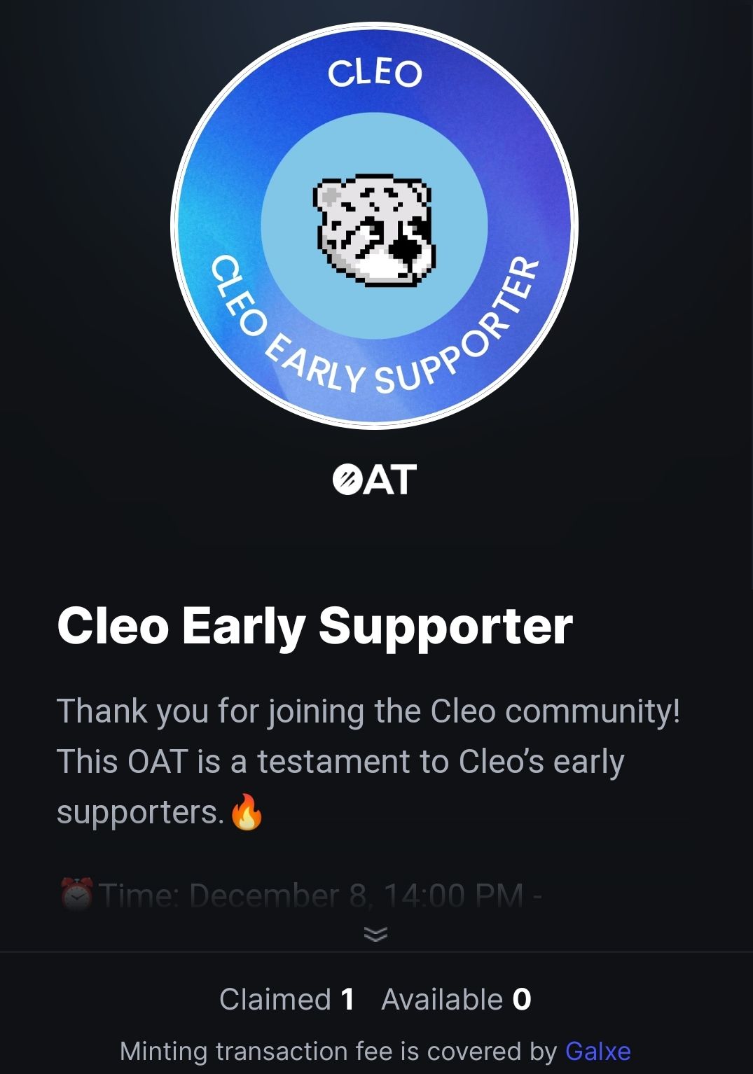 Free Claim.. Cleo Early supporter NFT...FCFS 15K

https://galxe.com/Cleo/campaign/GCAQHUwX6k